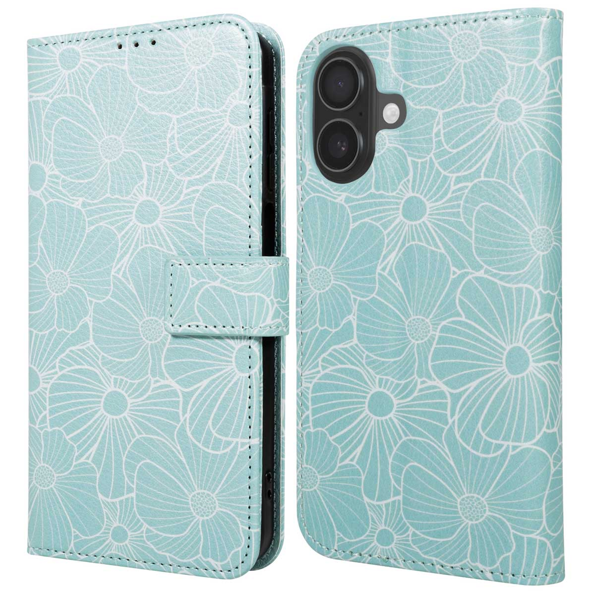 Een lichtblauwe telefoonhoes met bloemenpatroon, opengeklapt om de telefoon te onthullen. De hoes heeft een magnetische sluiting.