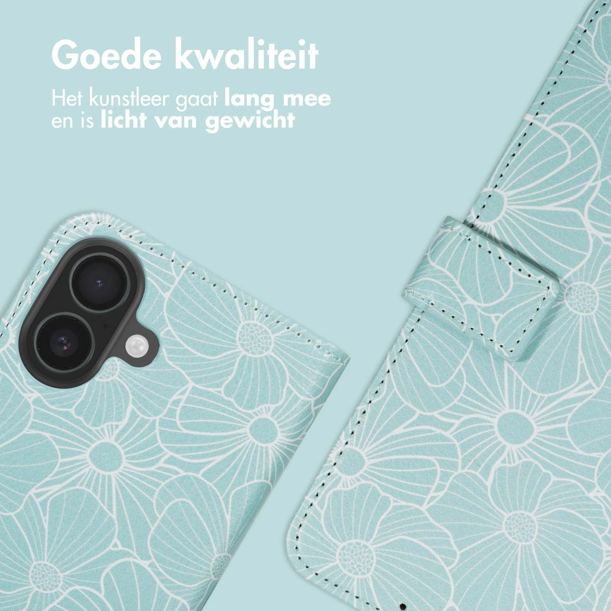 Close-up van telefoonhoesje met bloemenpatroon. Lichtblauwe kleur, wit bloemdesign. Tekst: 'Goede kwaliteit', 'Duurzaam'.