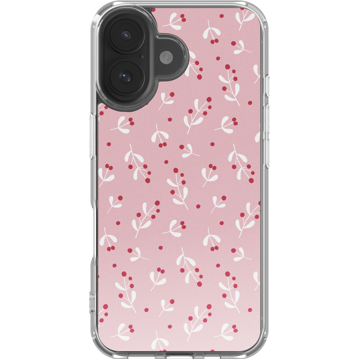 Telefoonhoesje met roze achtergrond, witte bladeren en rood bessenpatroon. Dubbele camera linksboven, transparant frame.