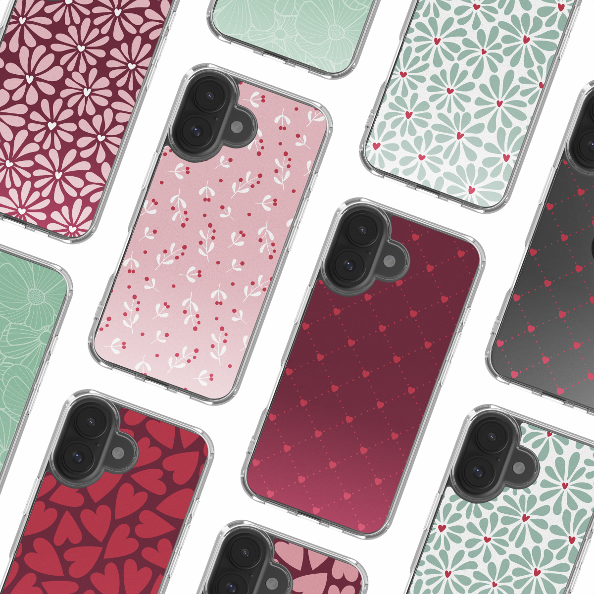 Er worden meerdere telefoonhoesjes weergegeven, elk met een ander ontwerp, waaronder bloemen-, hart- en stippenpatronen, in verschillende kleuren.