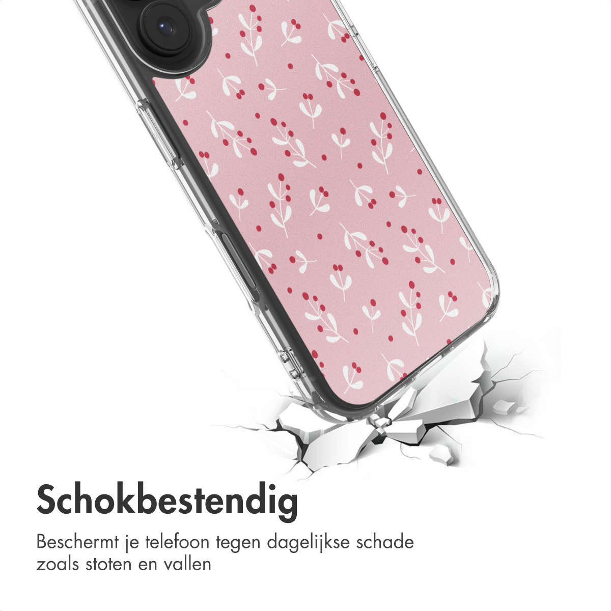 Een telefoonhoesje met een roze bloemenpatroon breekt een wit oppervlak. De tekst luidt 'Schokbestendig' en beschermt tegen schade.
