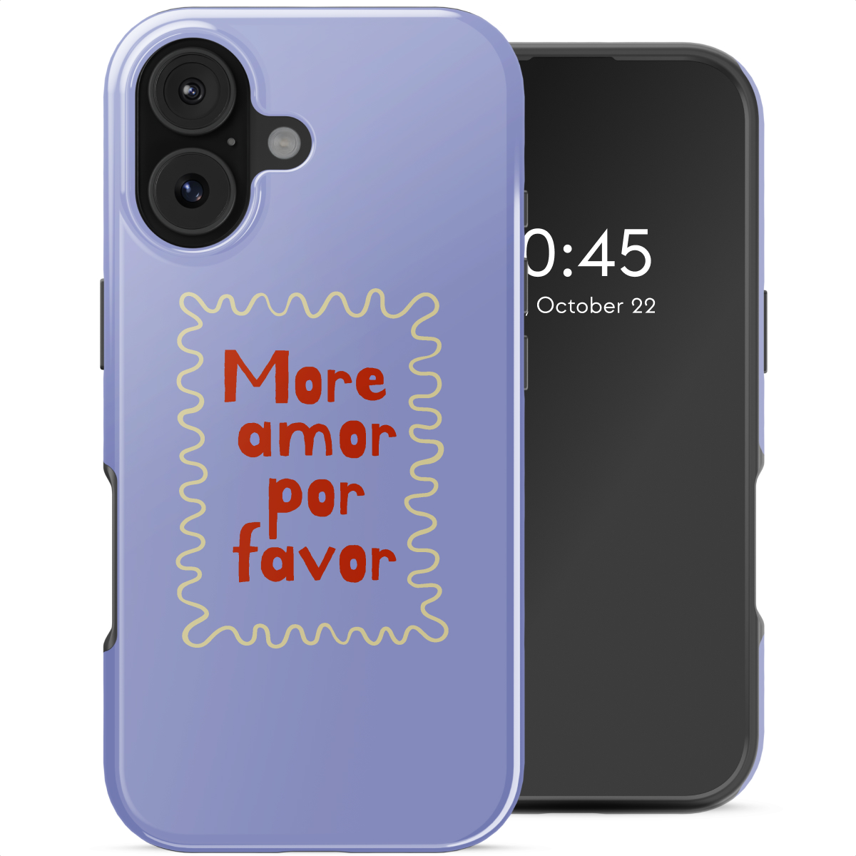 Een telefoon met een paarse hoes met de tekst 'More amor por favor' in het rood. Het scherm toont de tijd en datum.