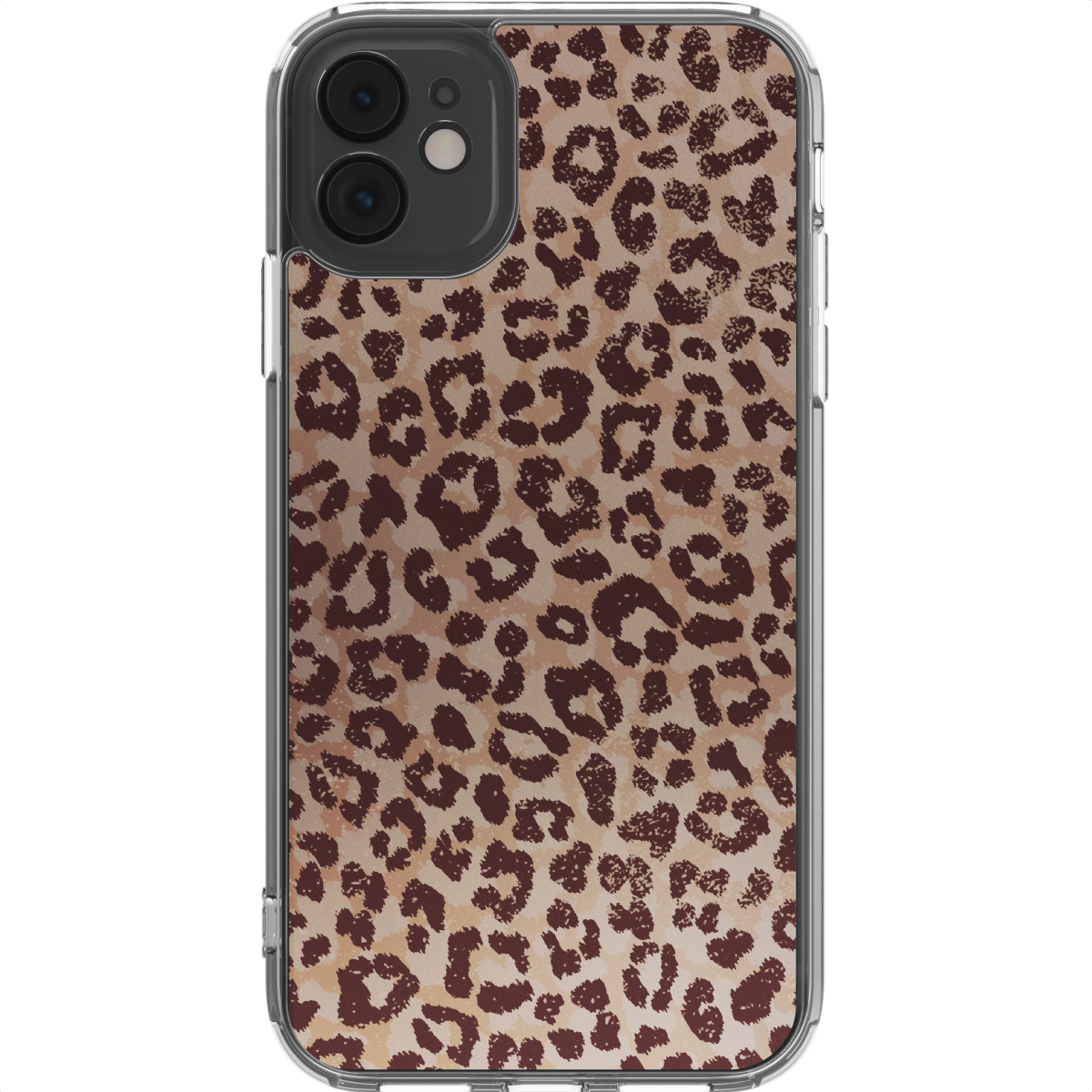 Une coque de téléphone avec un motif léopard. La coque est transparente avec un imprimé animal marron et beige au dos.