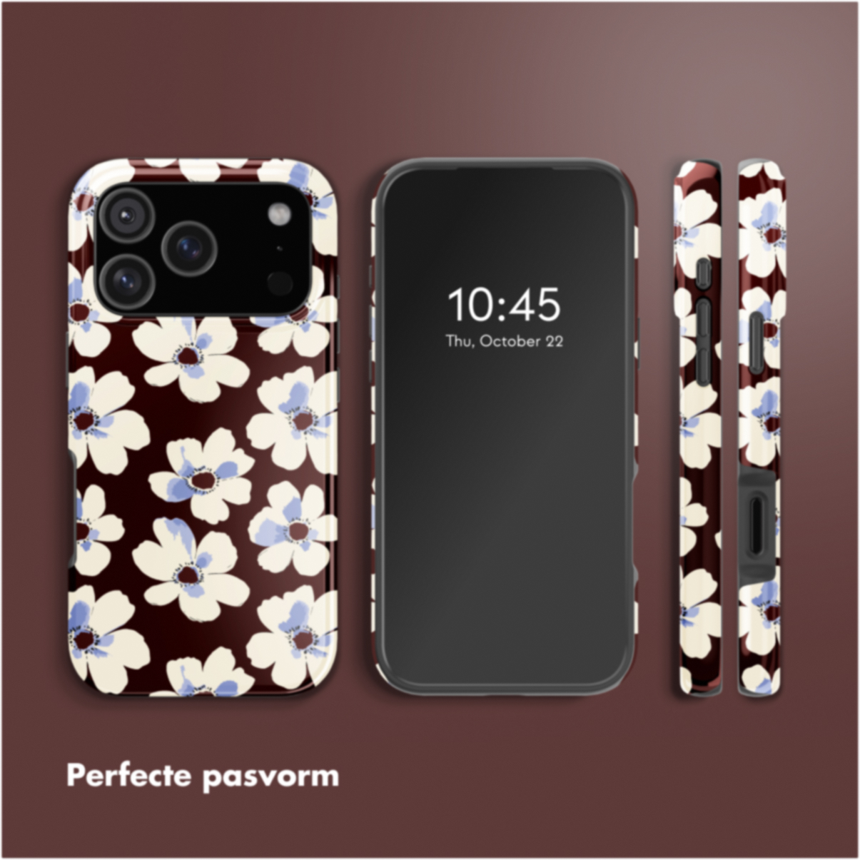 Custodia per telefono con motivo floreale bianco e blu su sfondo marrone. Telefono al centro, con l'ora 10:45 visualizzata.