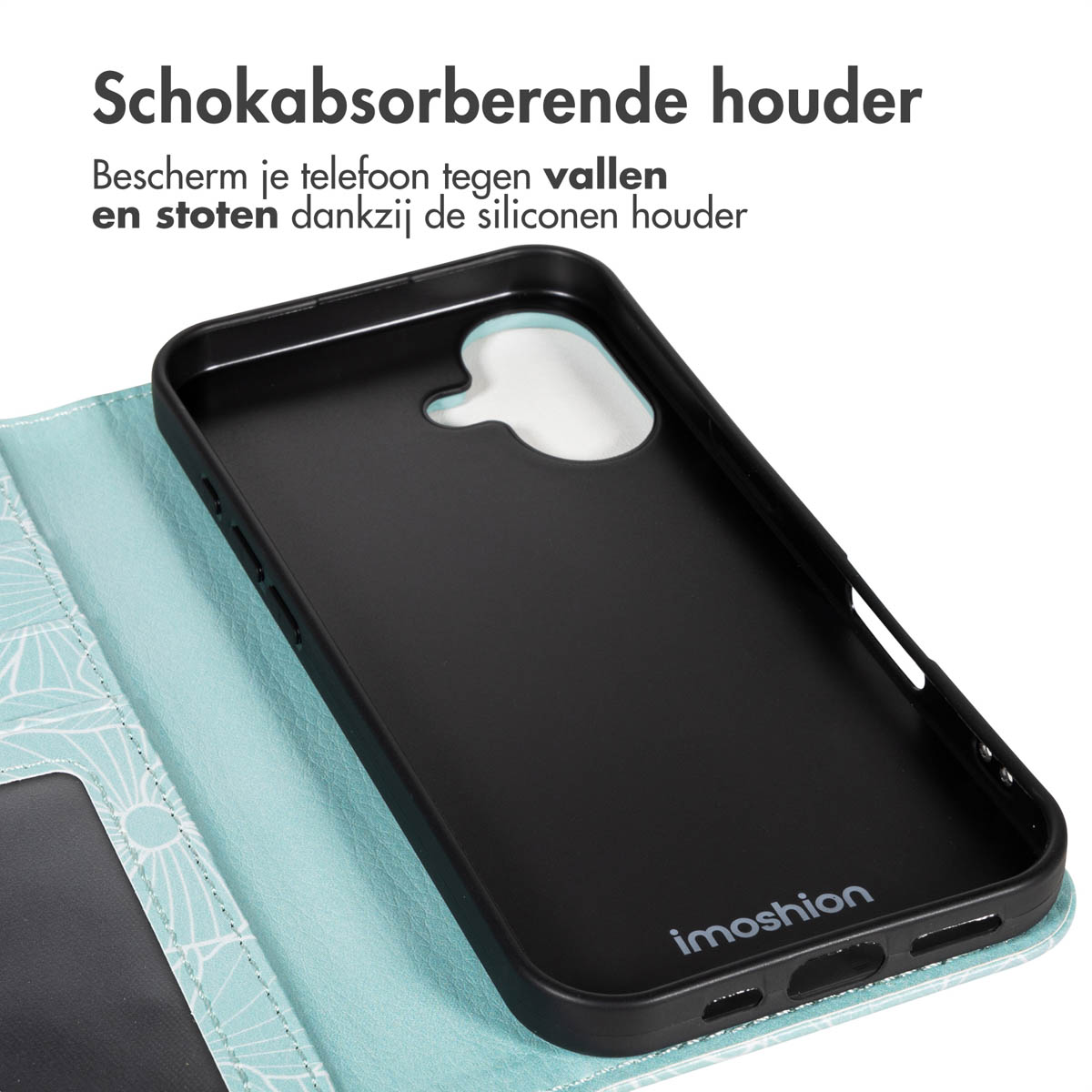 Zwarte telefoonhoes, open, toont de binnenkant. Lichtblauwe bloemenpatroon cover aan de linkerkant. Tekst bovenaan.