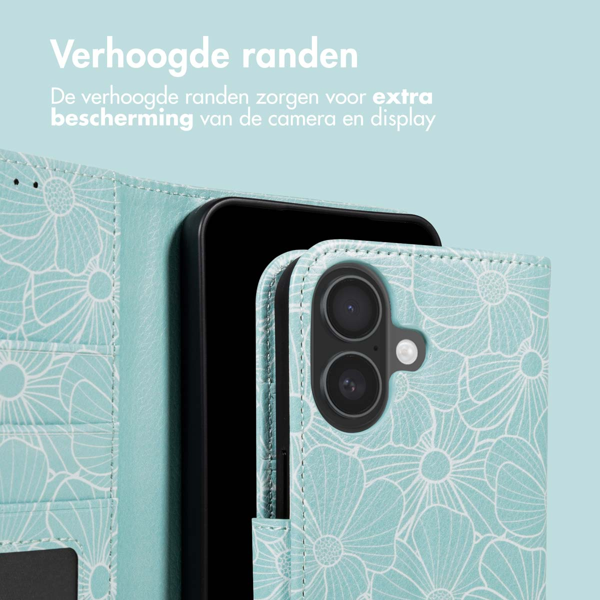 Een telefoon in een turquoise hoesje met bloemenpatroon. De hoes is open en toont de camera en het scherm van de telefoon.