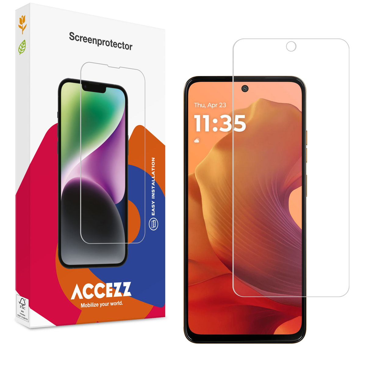 Een telefoonbeschermerdoos met een telefoon en een beschermer. De telefoon toont een klok. De doos heeft de merknaam 'ACCEZZ'.