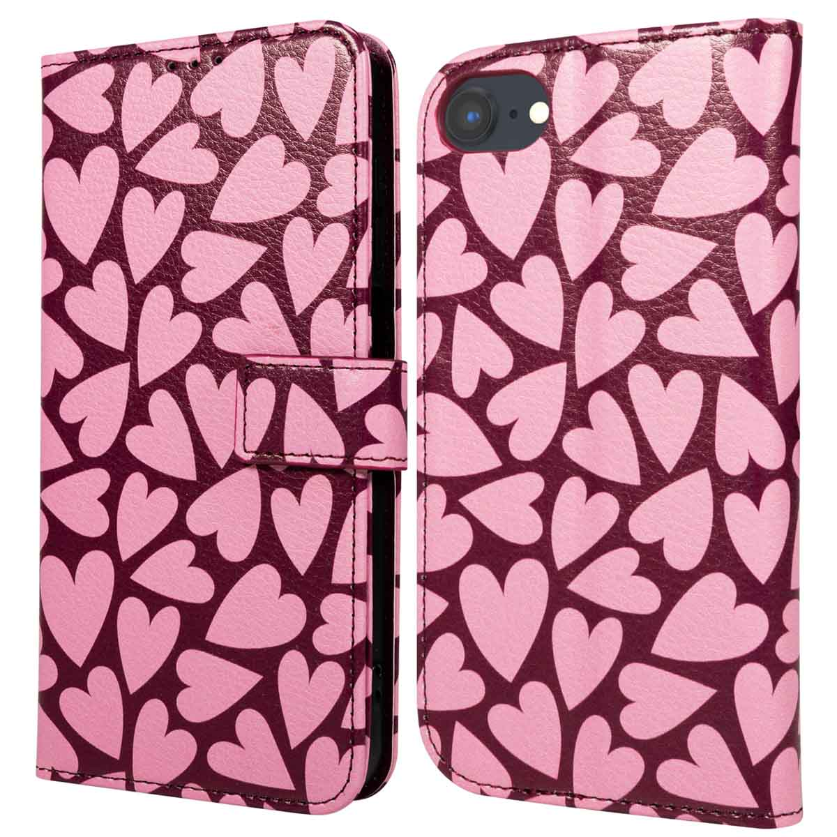 Una custodia per telefono con un motivo a cuore rosa su sfondo rosso scuro. La custodia è aperta, rivelando la fotocamera del telefono.