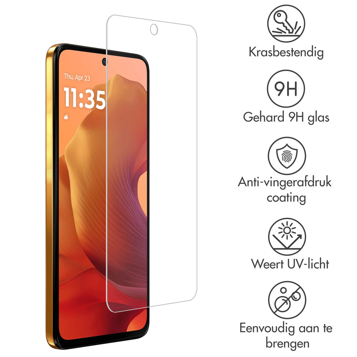 Een smartphone met een schermbeschermer. Het scherm toont de tijd. Tekst rechts geeft functies aan zoals krasbestendigheid en UV-bescherming.