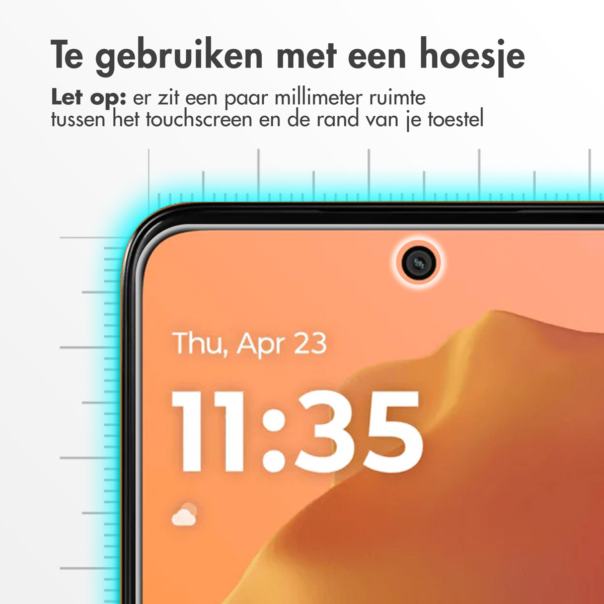 Telefoonscherm met tijd en datum, met Nederlandse tekst erboven. Het scherm is oranje en toont 11:35.