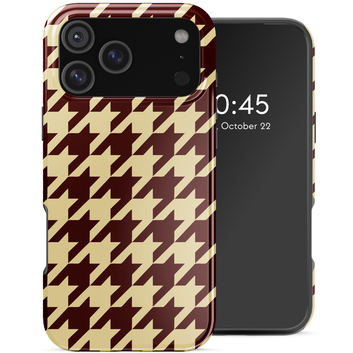 Smartphone in een pied-de-poule patroon hoesje. De telefoon toont de tijd 10:45, 22 oktober.