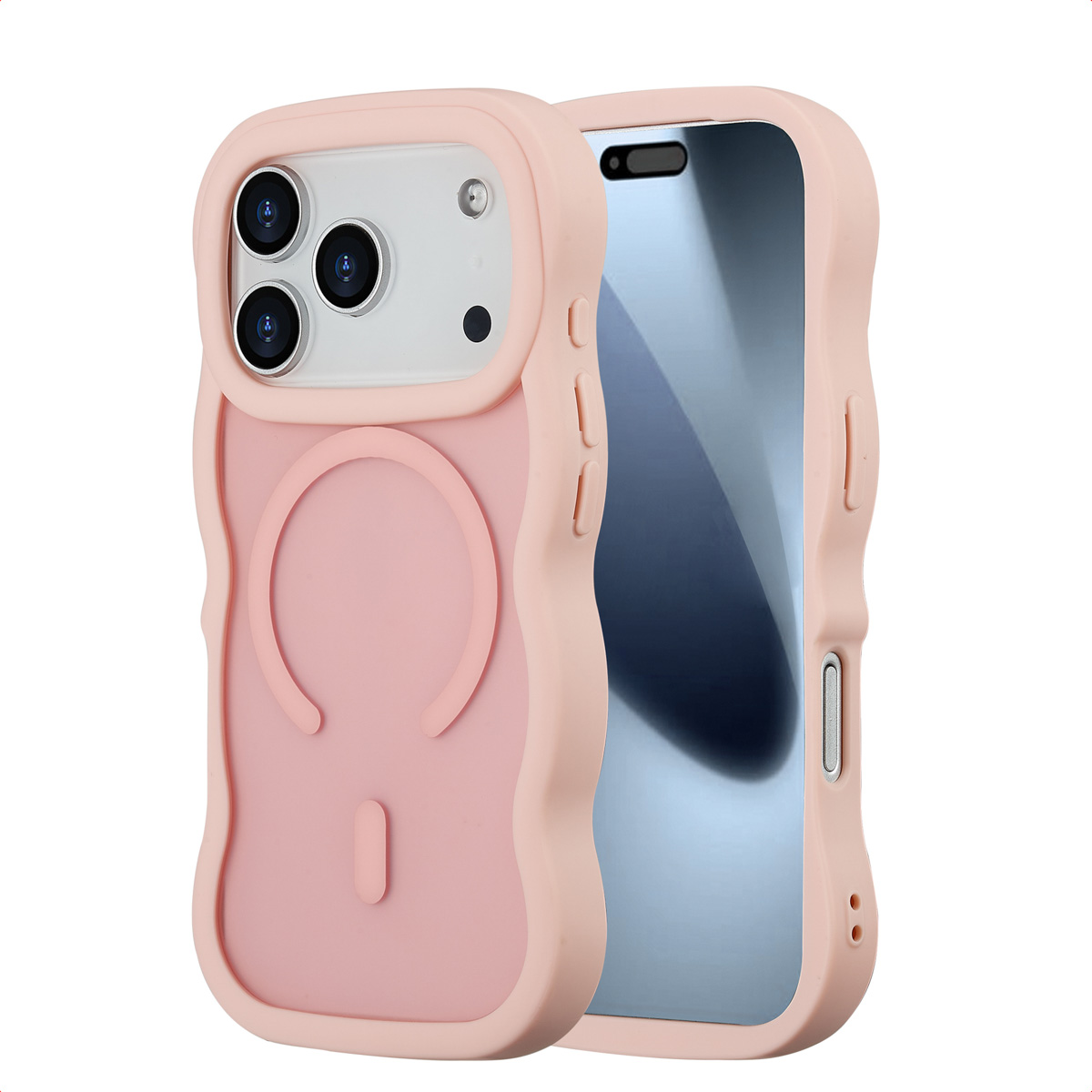 Roze telefoonhoesje met een telefoon erin. De hoes heeft uitsparingen voor de camera en knopbedekkingen. Het scherm is zichtbaar.