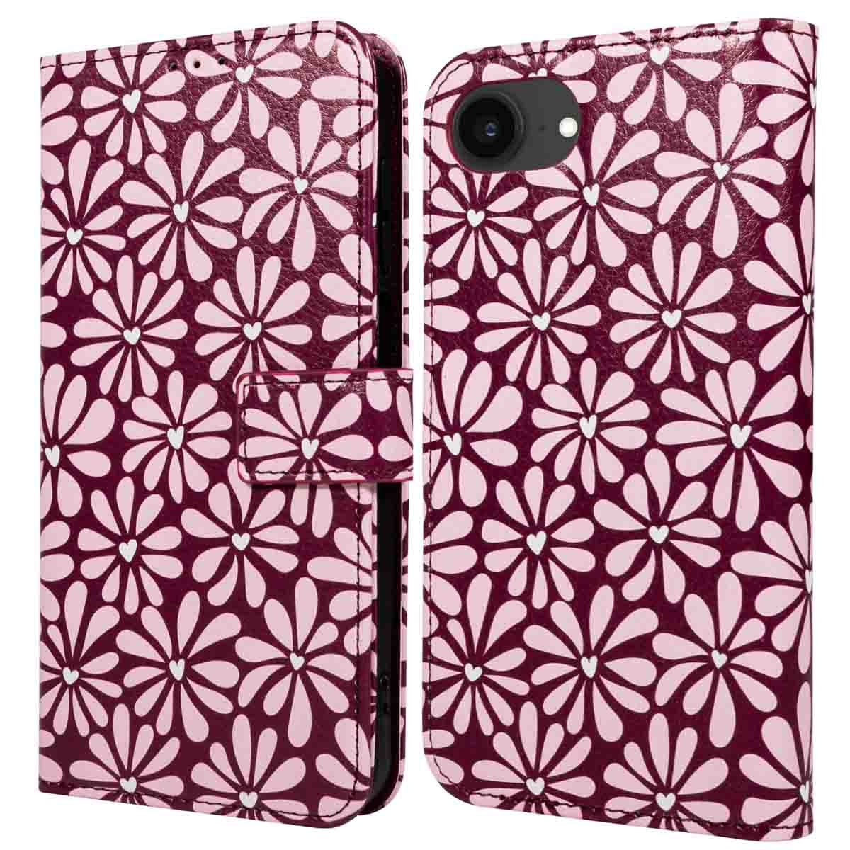 Een telefoonhoesje met een bordeauxrode achtergrond en een patroon van witte madeliefachtige bloemen.