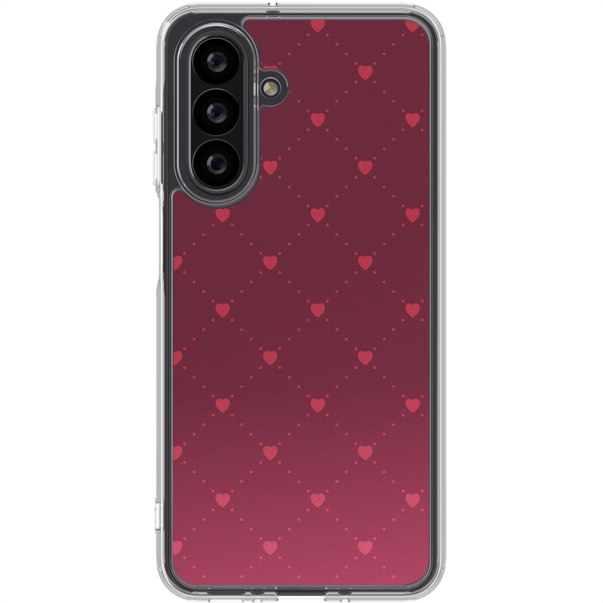 Een telefoon met een doorzichtig hoesje. De achterkant heeft een rood hartpatroon op een rode gradiënt achtergrond. De telefoon heeft 3 camera's.