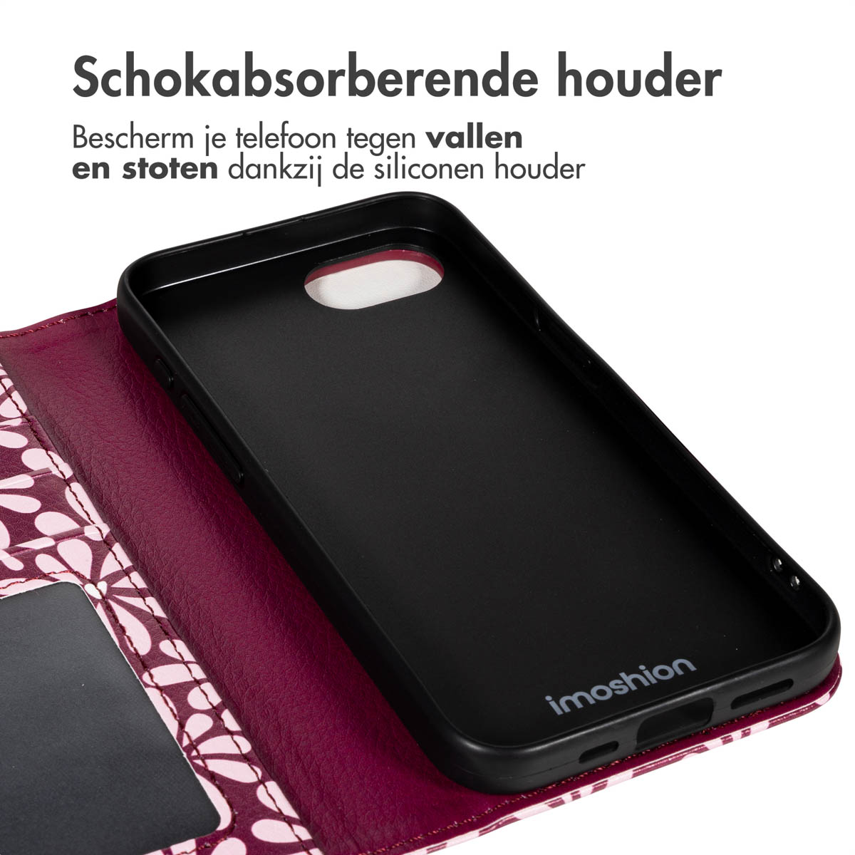 Zwarte telefoonhoes in een portemonnee met bloemenmotief. Tekst: 'Schokabsorberende houder'.