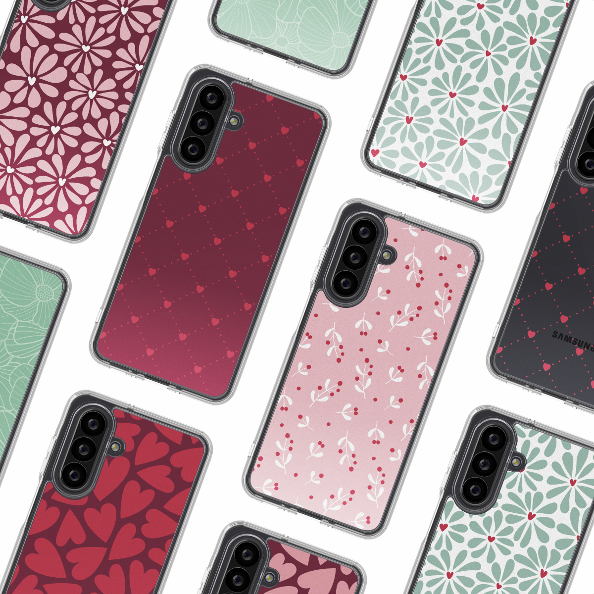 Verschillende telefoonhoesjes met verschillende patronen, waaronder harten, bloemen en bladeren, gerangschikt op een witte achtergrond.