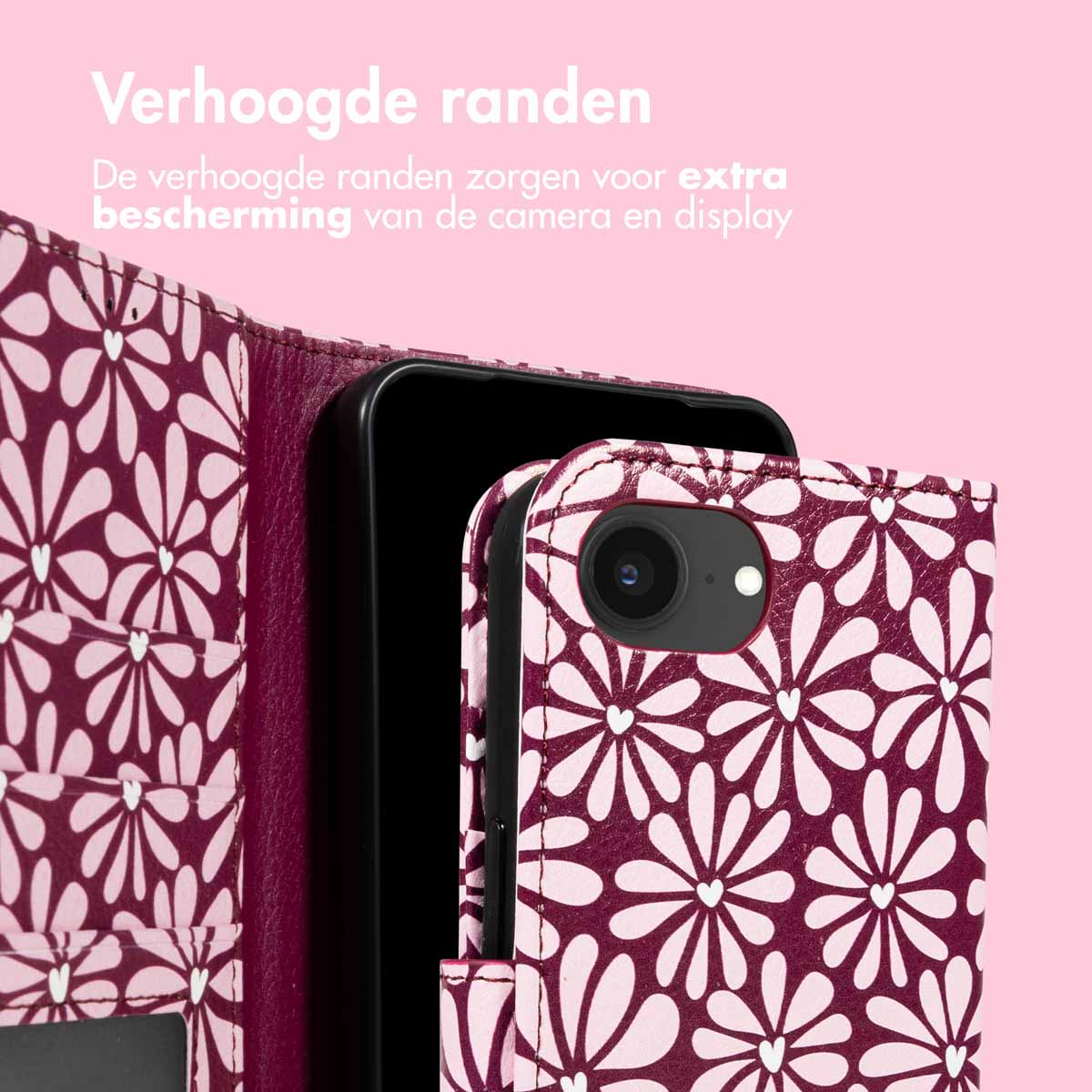 Een telefoonhoesje met bloemenpatroon is open en toont een telefoon. Nederlandse tekst.