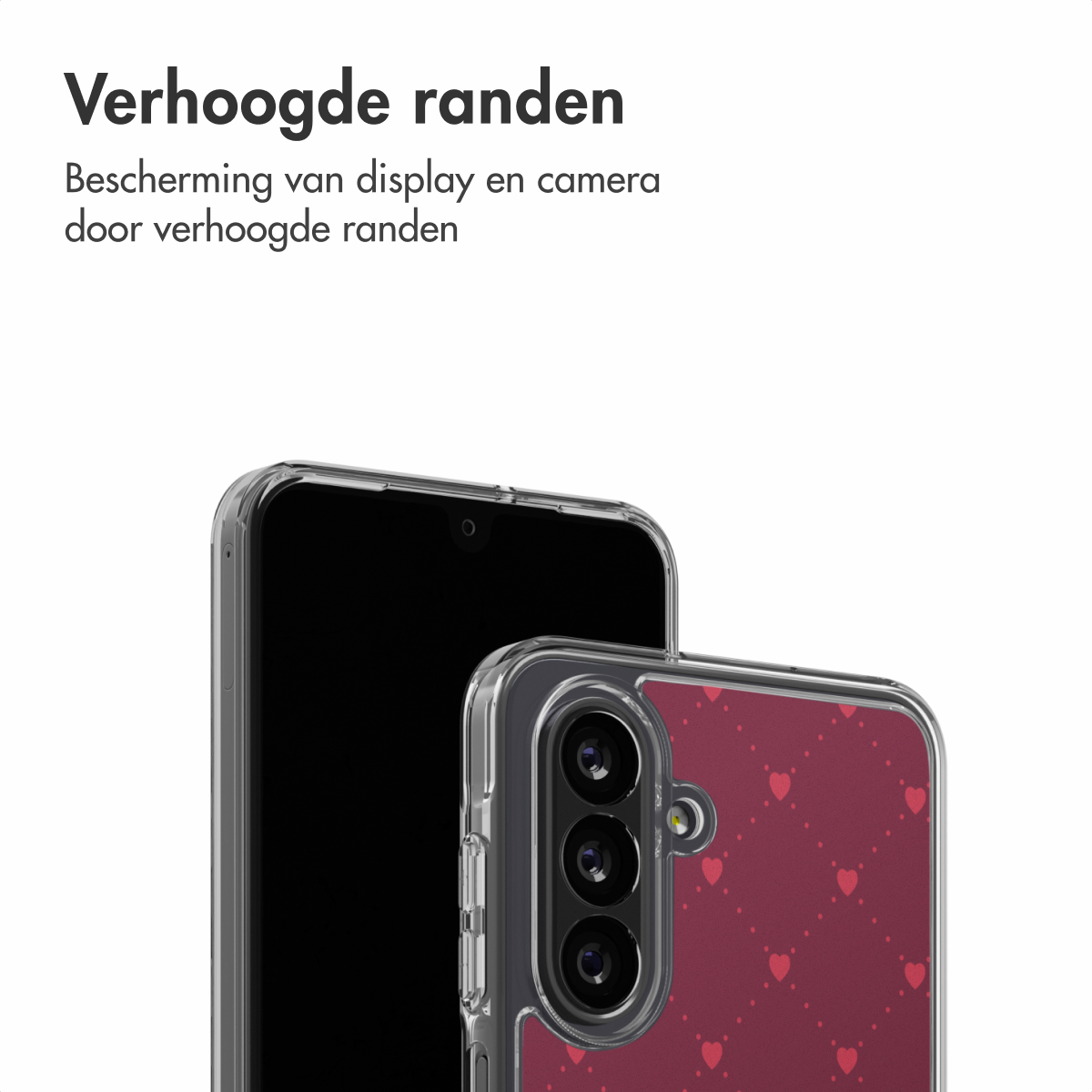 Twee smartphones met doorzichtige hoesjes worden getoond. De bovenste telefoon is zwart, de onderste heeft een rood hartjespatroon.