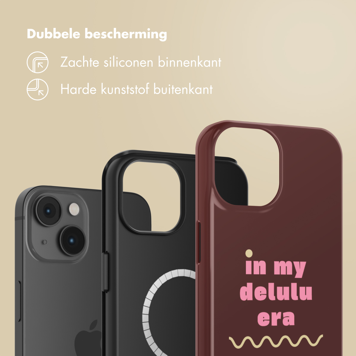 Drie telefoonhoesjes op een rij. Links donkergrijs, midden zwart, rechts bordeauxrood met roze tekst.