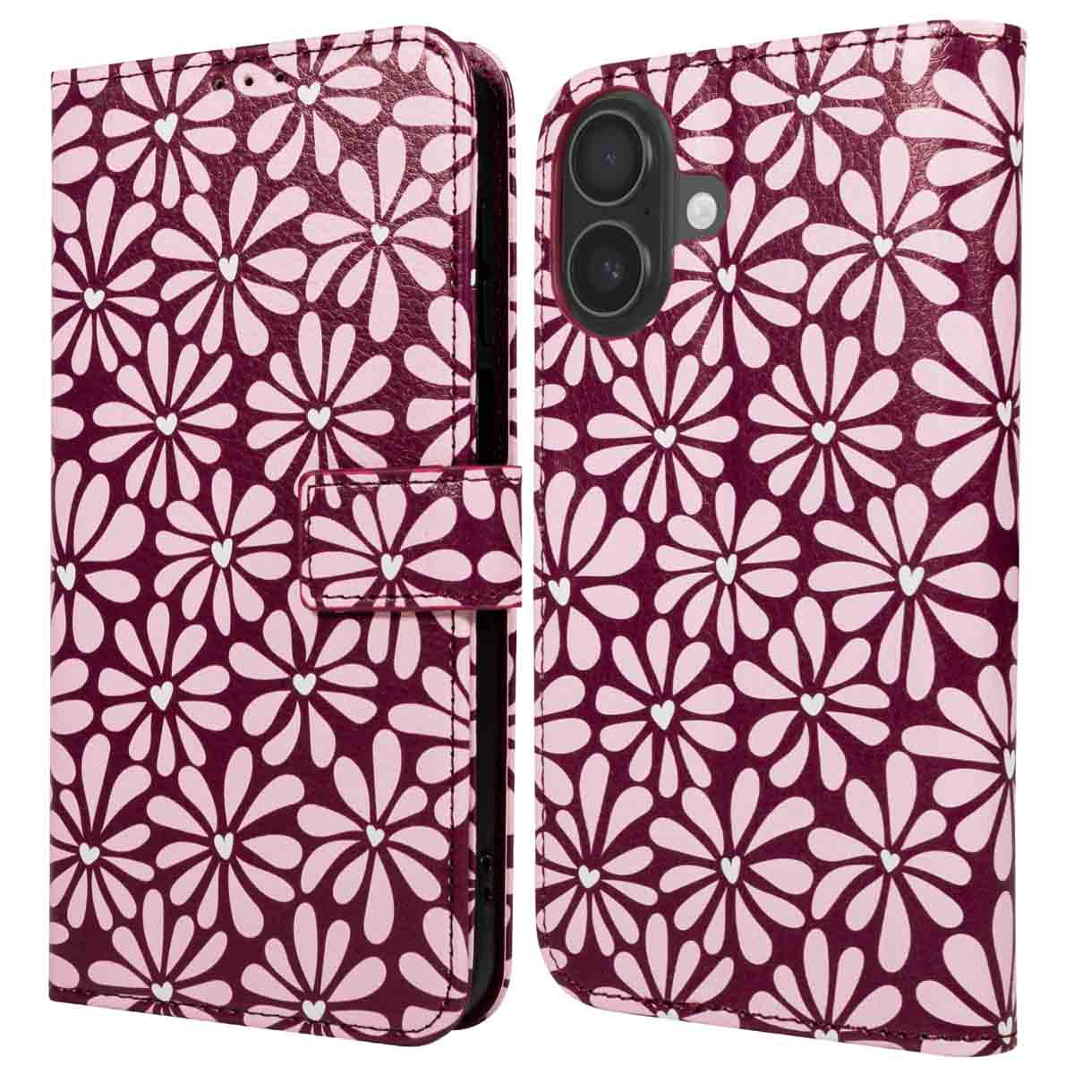Een telefoonhoesje met een bloemenpatroon. De hoes is bordeaux met lichtroze bloemvormen. De hoes is open en toont de telefoon binnenin.