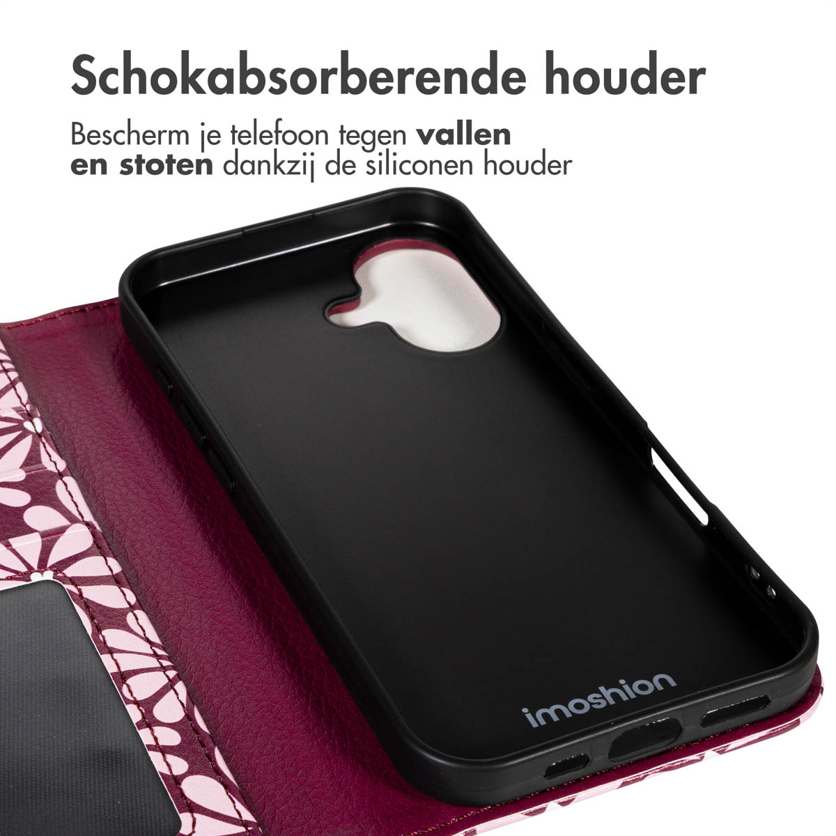 Een zwarte telefoonhoes met het 'imoshion' logo. Hij is open en toont een rode binnenkant en een paarse cover met patroon.