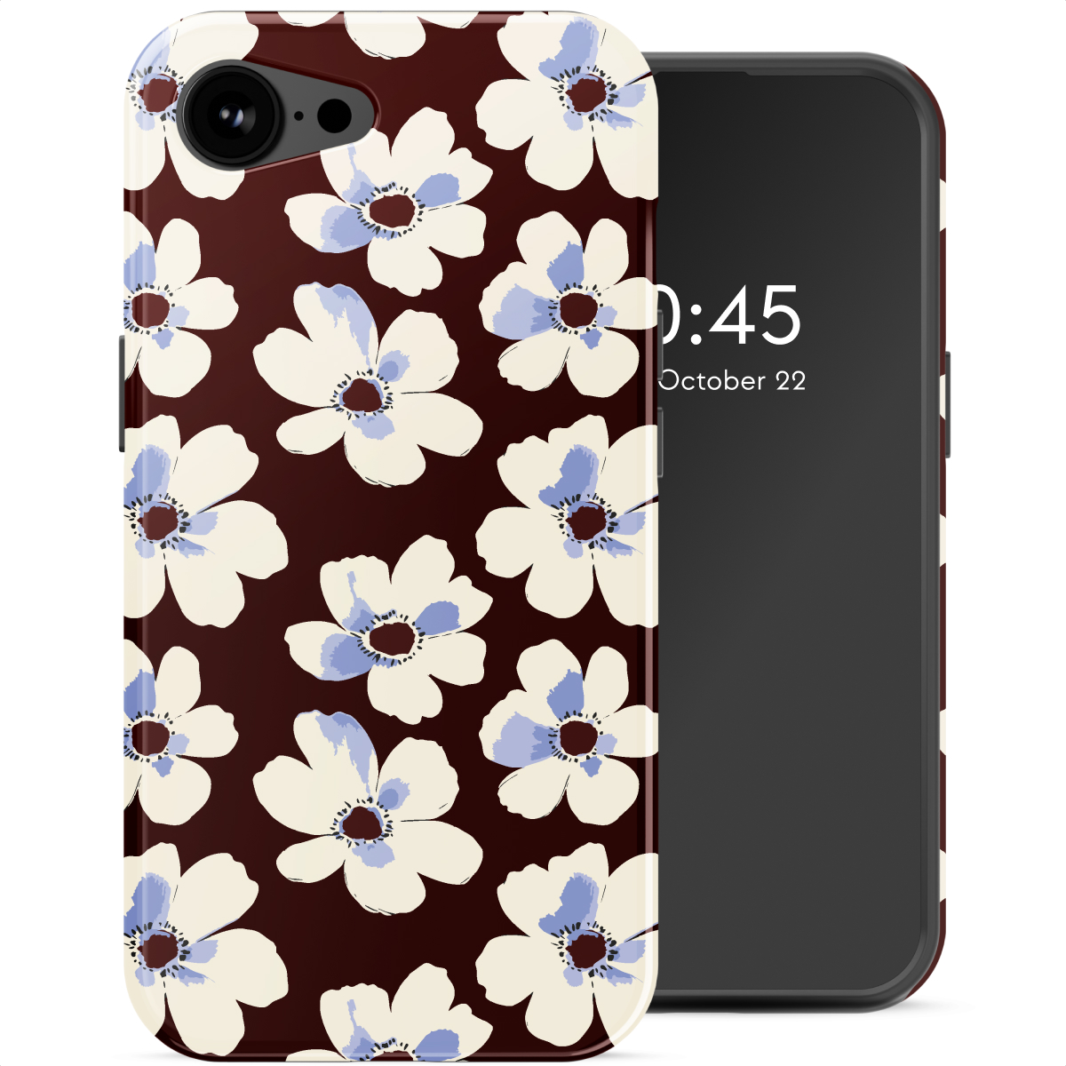 Un telefono con custodia floreale, fiori bianchi con centri blu su sfondo rosso scuro. Lo schermo mostra l'ora e la data.