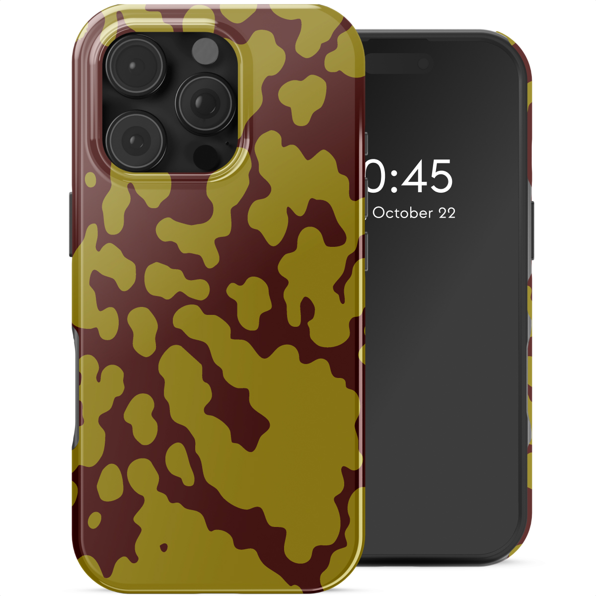 Een smartphone met een camouflage-patroon hoesje, met de tijd 0:45 op 22 oktober. De hoes heeft een bruin en olijfgroen patroon.