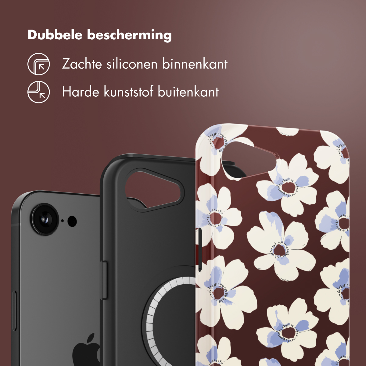 Custodie per telefono: una nera, una a fantasia floreale, una nera. Testo: Doppia protezione, silicone morbido all'interno, plastica dura all'esterno.