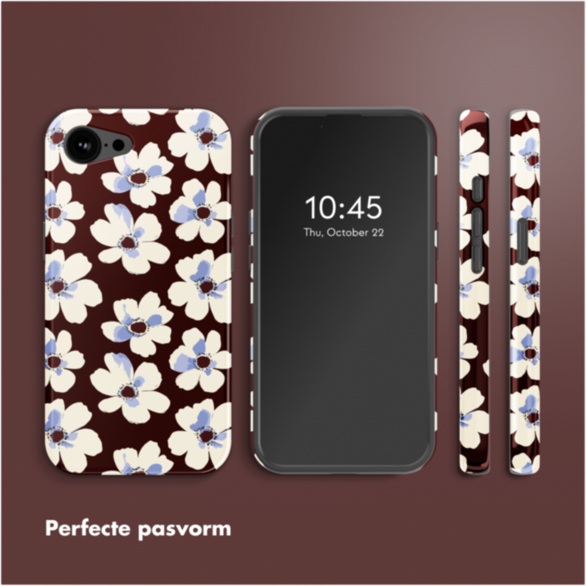 Telefono con custodia floreale, schermo nero che mostra le 10:45 e due viste laterali della custodia. Testo in basso: 'Vestibilità perfetta'.