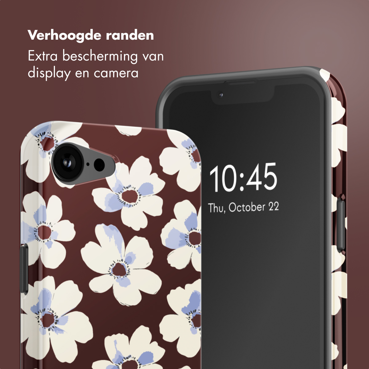 Due smartphone: uno con custodia floreale, l'altro mostra l'ora. Testo: Protezione extra.