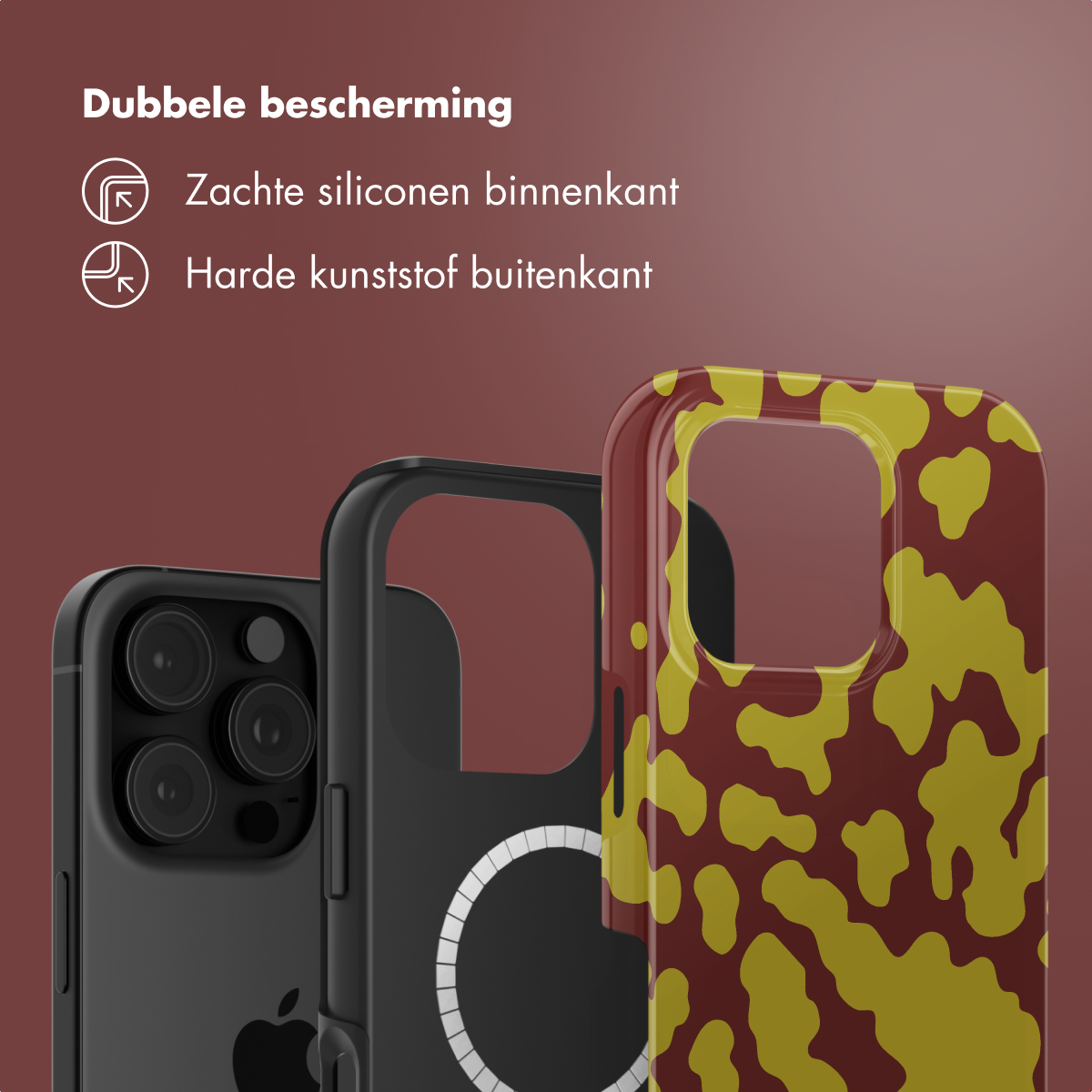 Drie telefoonhoesjes: zwart, rood/geel patroon en zwart frame. Tekst: Dubbele bescherming, zachte siliconen binnenkant, hard plastic buitenkant.
