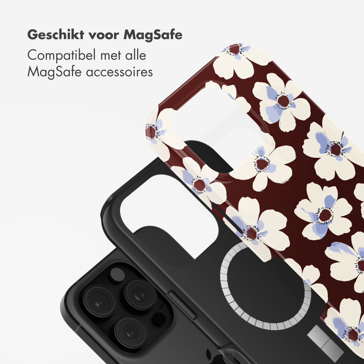 Deux coques de téléphone. L'une a un motif floral. L'autre est noire. Le texte dit 'Geschikt voor MagSafe'.