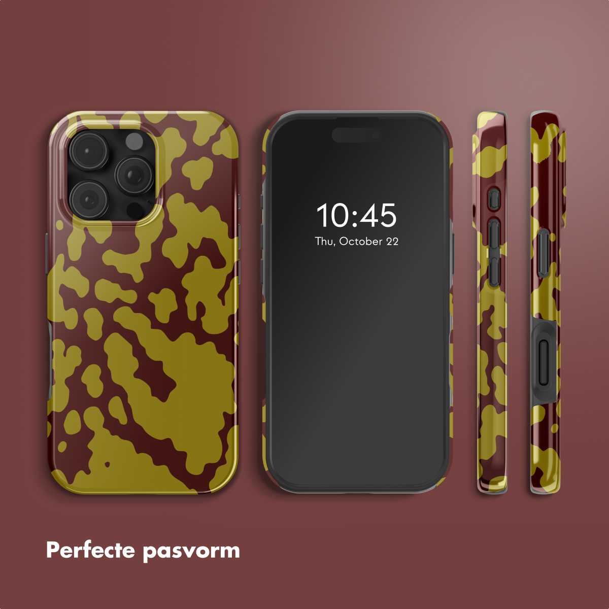 Afbeelding toont een telefoon met een patroonhoesje. De hoes heeft een bruin en geel camouflage-ontwerp. Tijd op de telefoon is 10:45, 22 oktober.