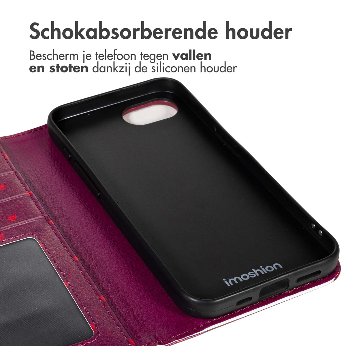 Une coque de téléphone noire avec un portefeuille bordeaux. Le texte dit 'Schokabsorberende houder'. La coque est étiquetée 'imoshion'.