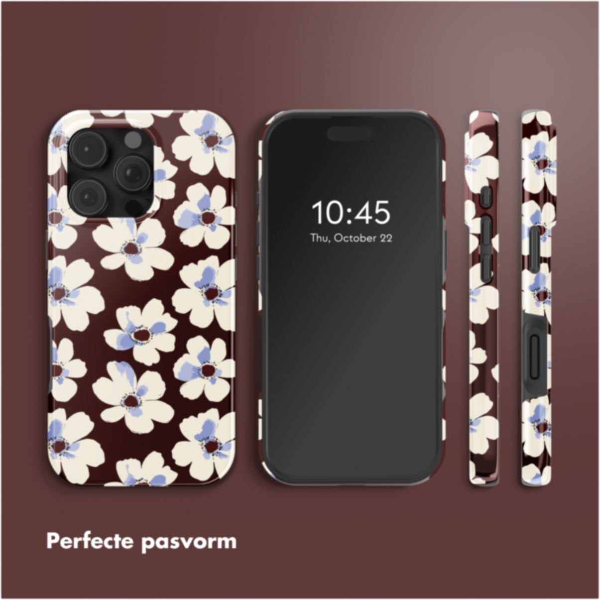 Un iPhone avec un étui floral. Fond marron avec des fleurs blanches et bleues. L'heure est 10h45, jeudi 22 octobre. Ajustement parfait.