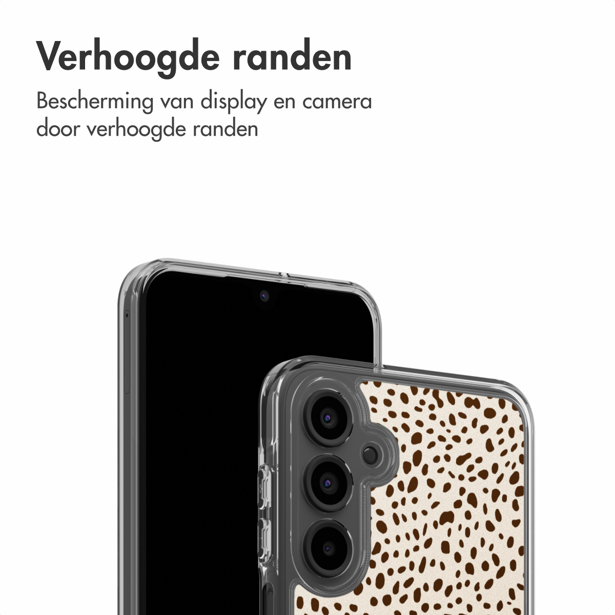 Due smartphone in custodie trasparenti. Uno ha schermo nero, l'altro design beige a pois marroni e tre lenti della fotocamera.