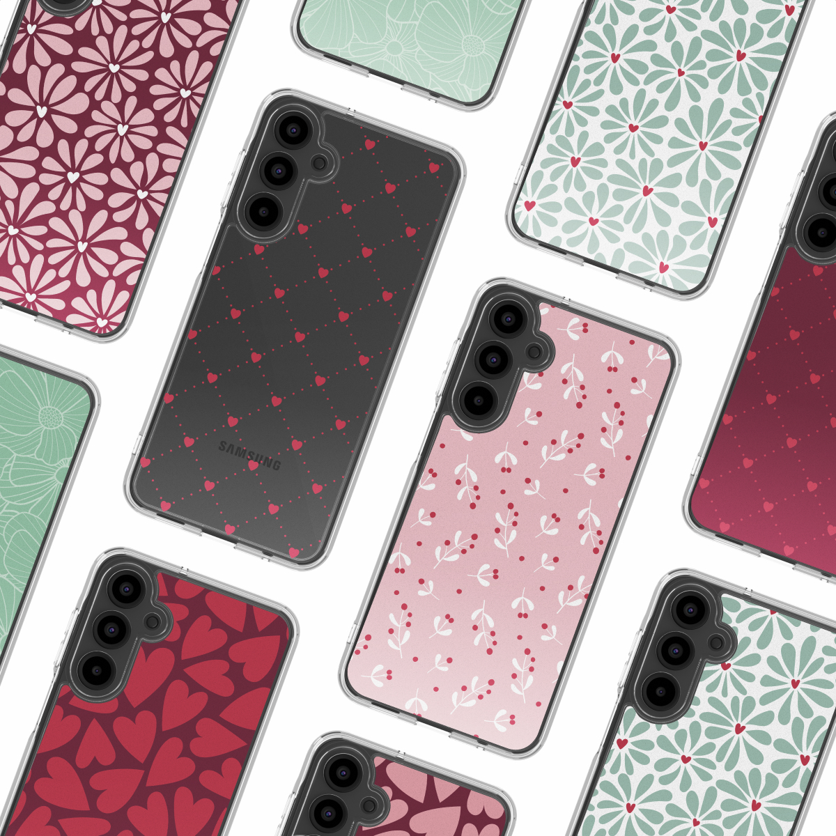 Verzameling telefoonhoesjes. Verschillende ontwerpen: harten, bloemen en bladeren. Verschillende kleuren: roze, rood, groen en zwart. Samsung logo zichtbaar.