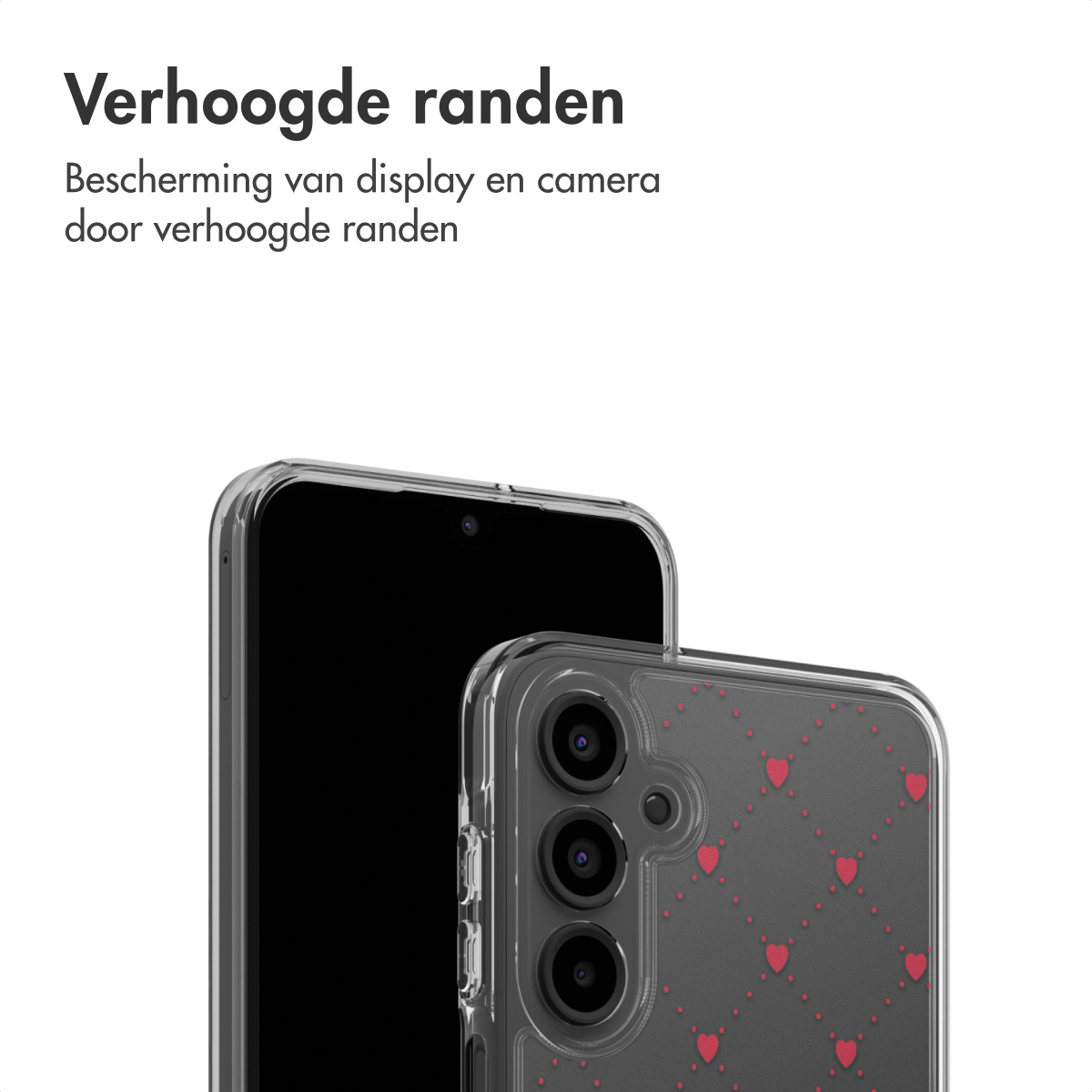 Een smartphone met een doorzichtige hoes wordt getoond. De hoes heeft rode hartpatronen. De telefoon ligt op een andere met een zwart scherm.