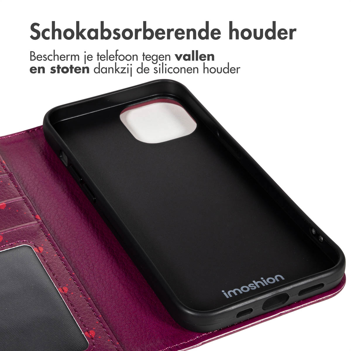 Coque de téléphone noire avec la marque imoshion et étui portefeuille violet. Le texte en haut indique 'Schokabsorberende houder'.