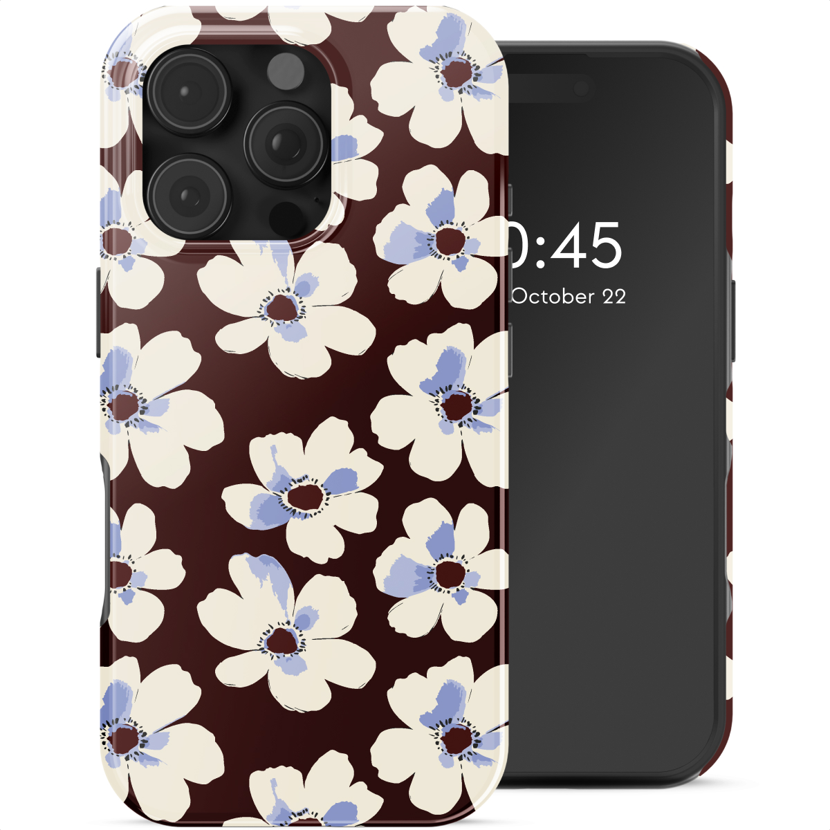 Un téléphone avec une coque florale. La coque a des fleurs blanches avec des centres bleus sur un fond marron. L'écran affiche l'heure et la date.