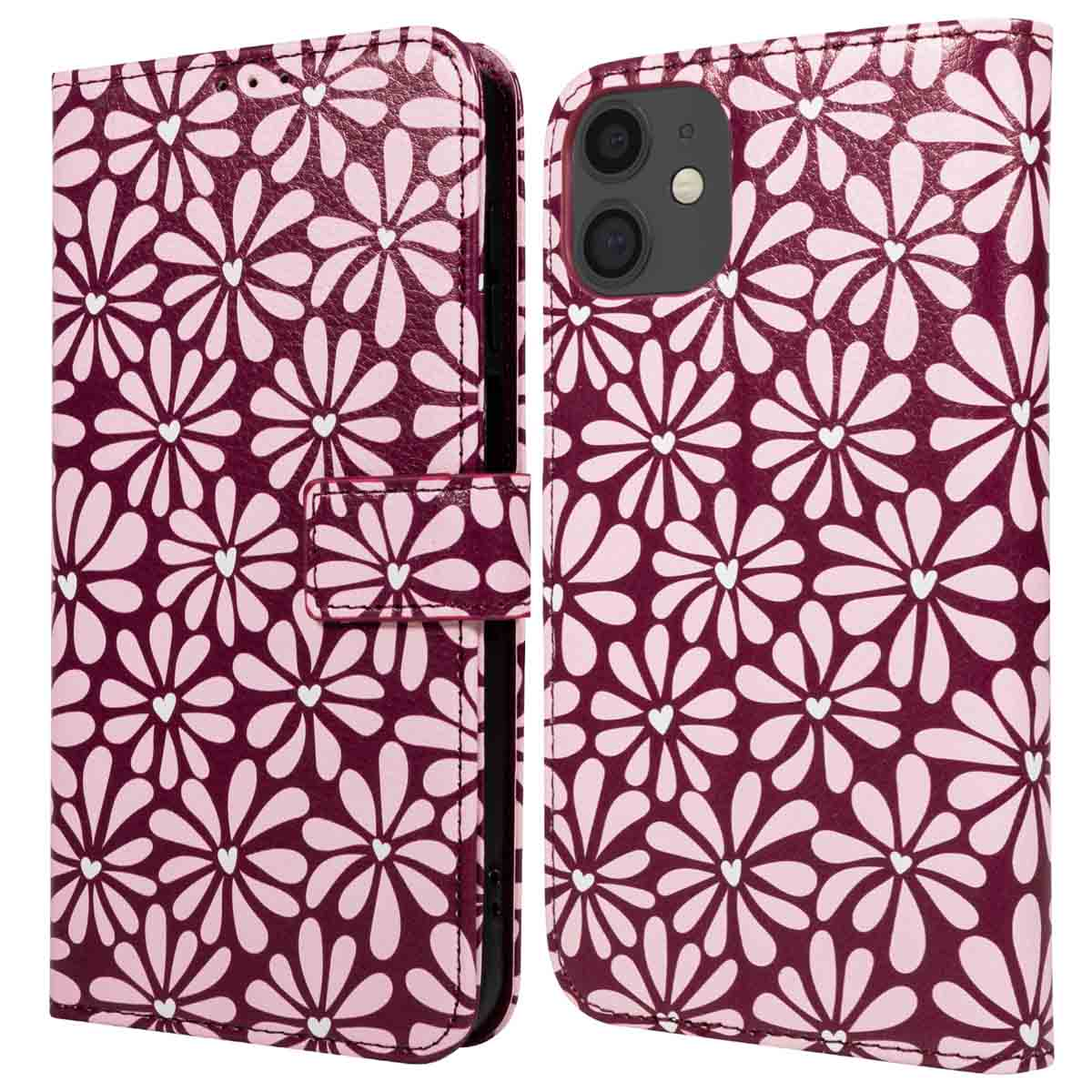 Een telefoonhoesje met bloemenpatroon. De hoes is donkerrood met lichtroze bloemvormen.