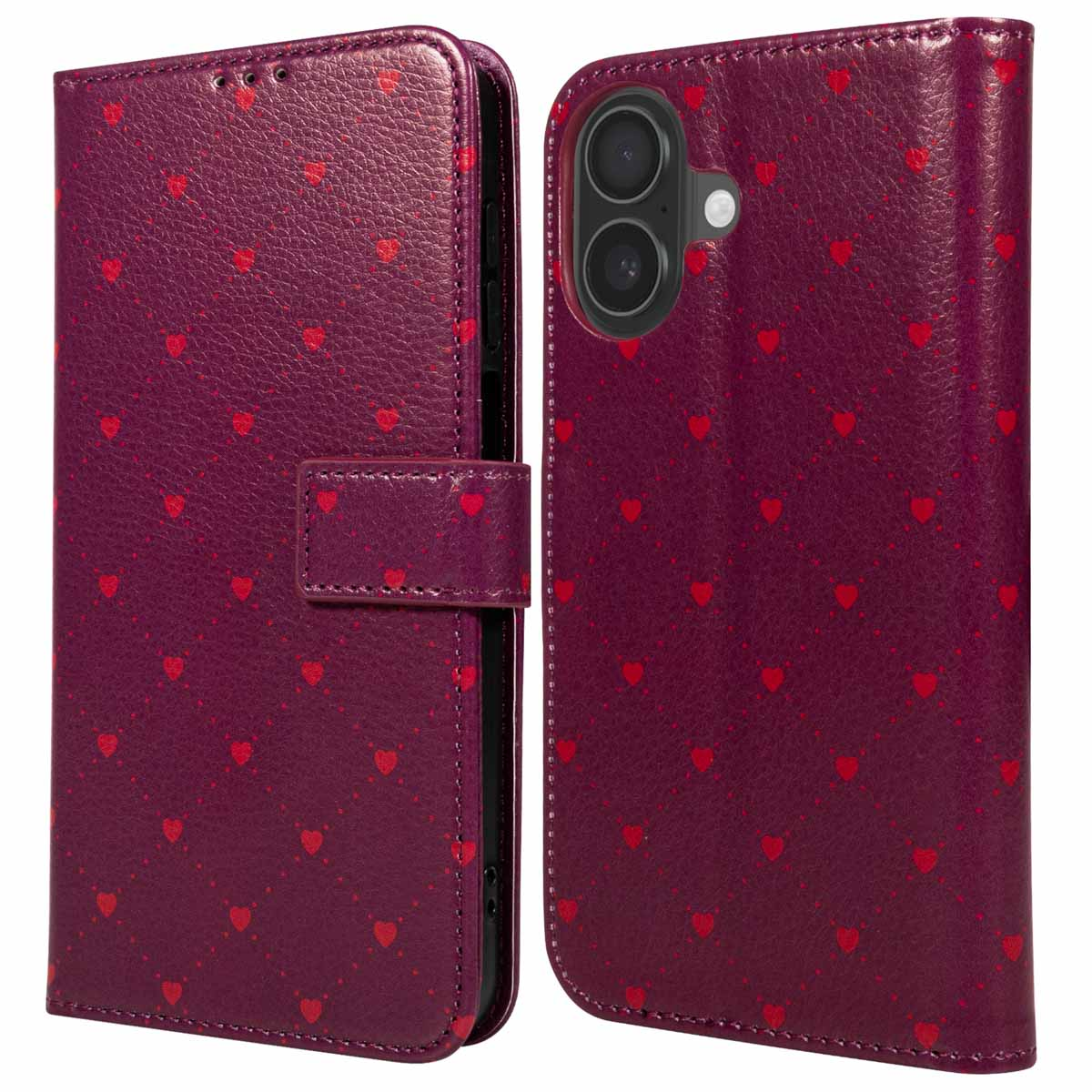 Un étui de téléphone bordeaux avec un motif de cœurs. L'étui est ouvert, montrant la caméra du téléphone. L'étui a un fermoir.