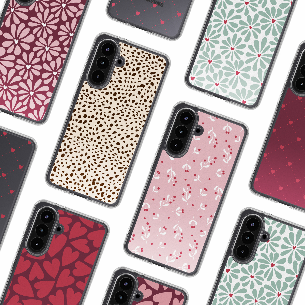 Collezione di custodie per telefoni. I disegni includono fiori, cuori, pois e foglie. Vari colori sono rosso, rosa, bianco e nero.