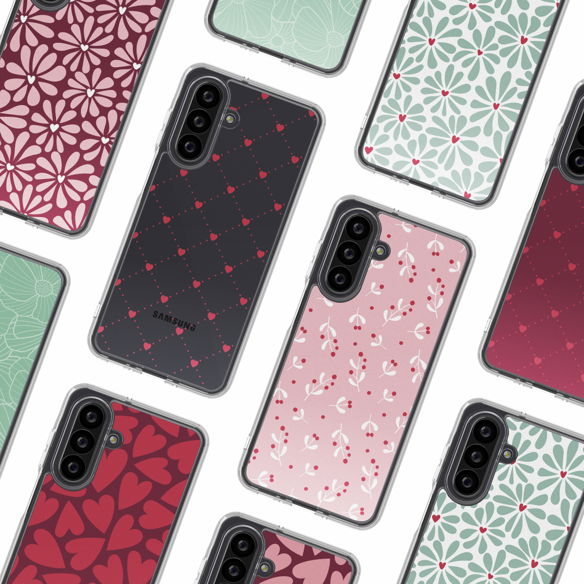 Verschillende telefoonhoesjes met verschillende patronen: bloemen, harten en bladeren. De hoesjes staan op een witte achtergrond.