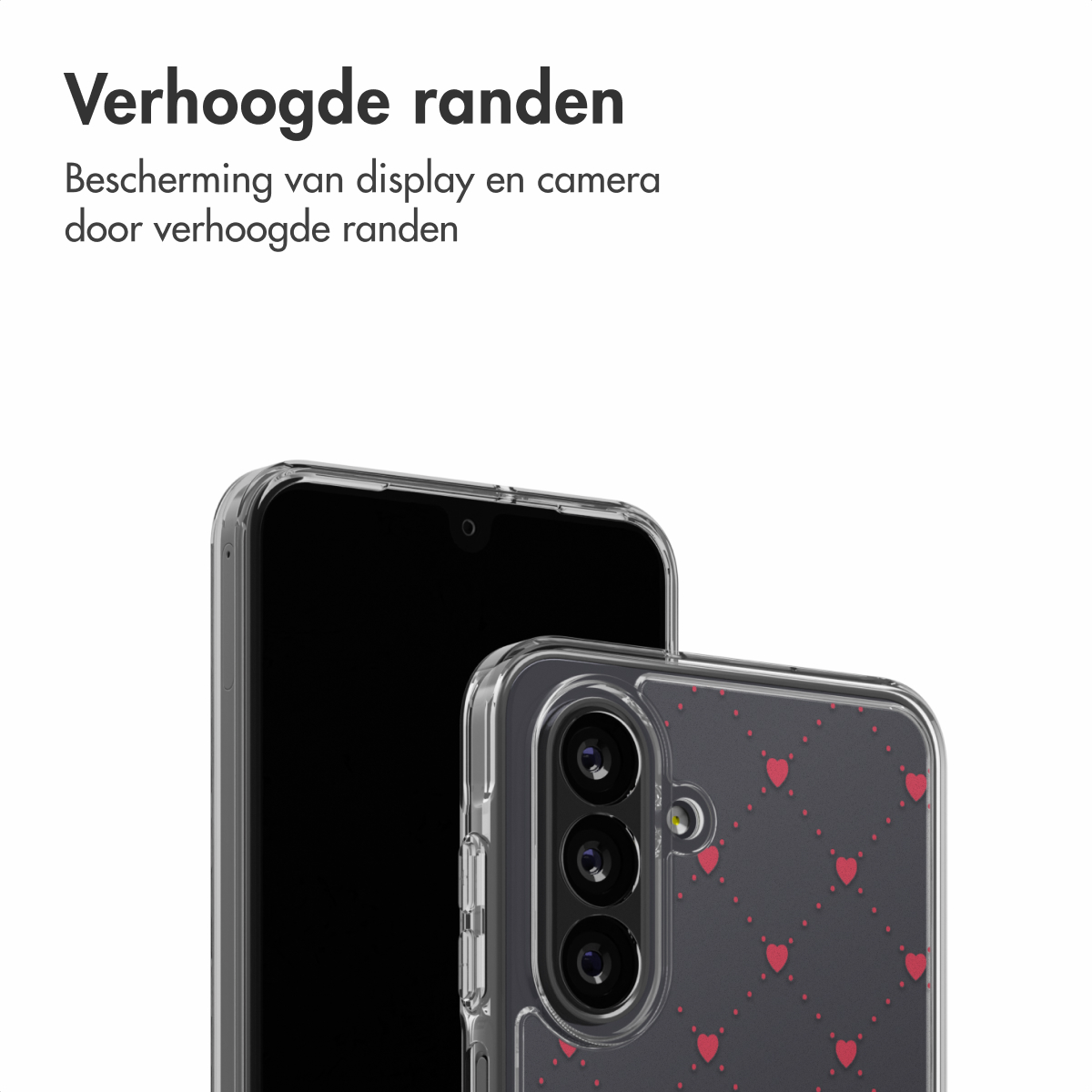 Een telefoon met een doorzichtige hoes. De hoes heeft een patroon van rode hartjes op een donkergrijze achtergrond. Het telefoonscherm is zwart.