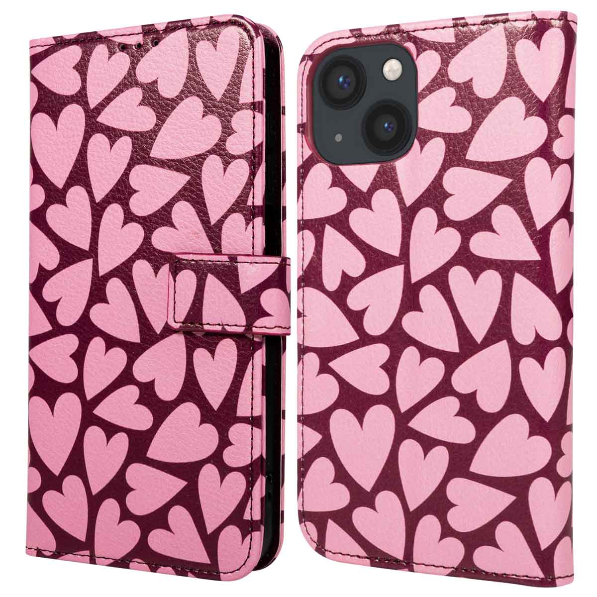 Telefoonhoesje met hartjespatroon. De achtergrond is donkerrood en de harten lichtroze. De hoes is open.