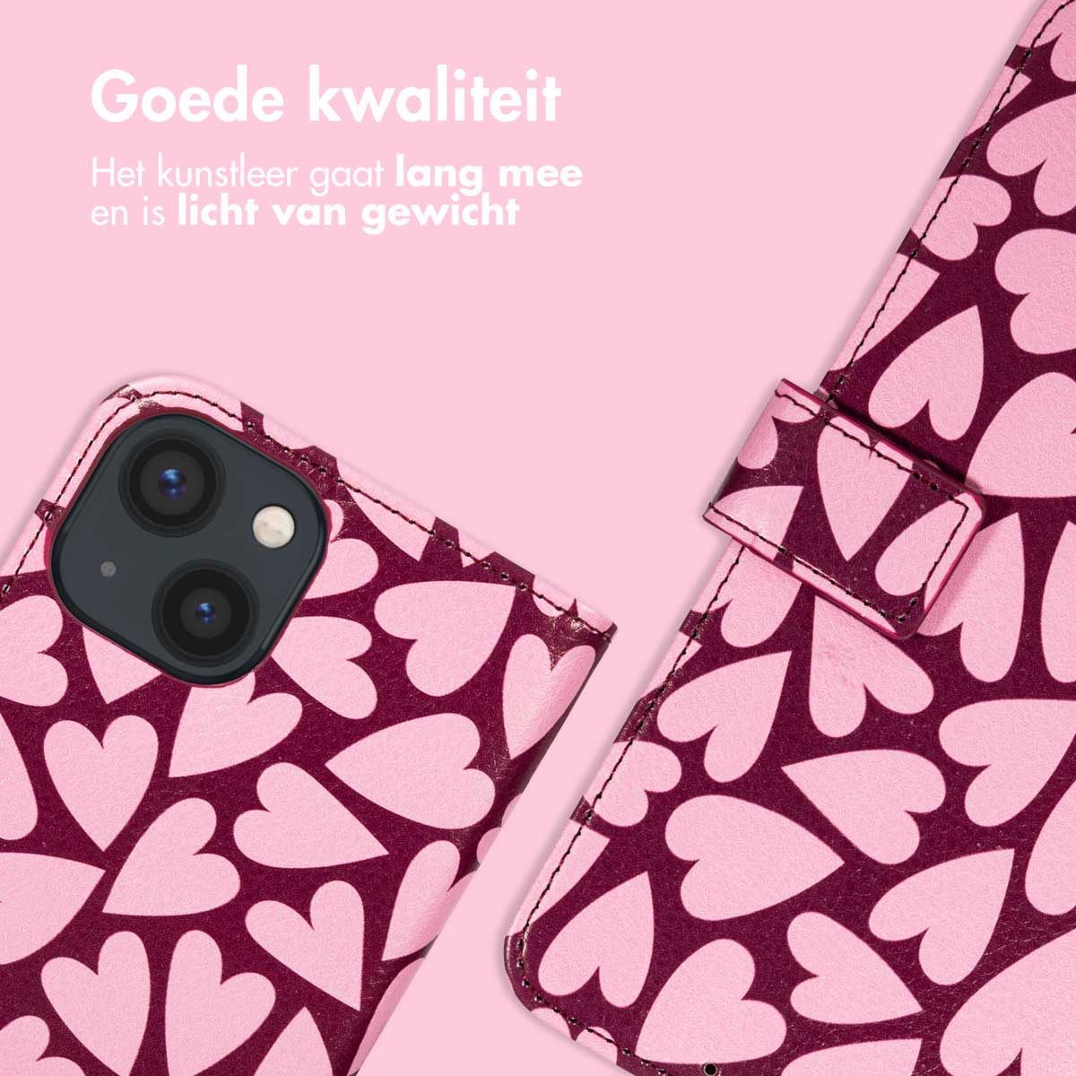 Roze telefoonhoesje met hartjespatroon, toont een telefoon en een hoesje. De achtergrond is roze.