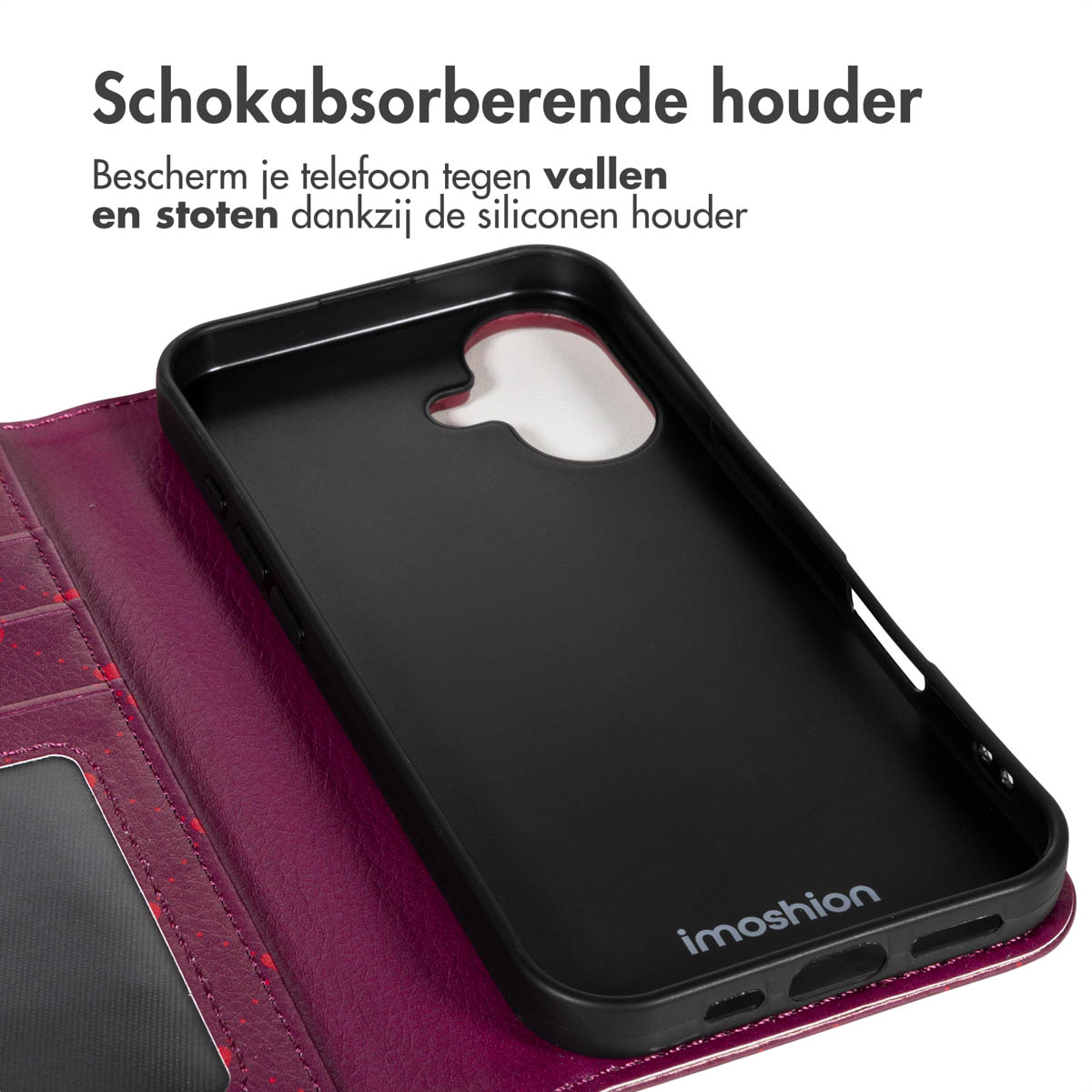 Coque de téléphone noire avec un portefeuille violet. Le texte en haut dit 'Schokabsorberende houder'. Le logo 'imoshion' est visible.