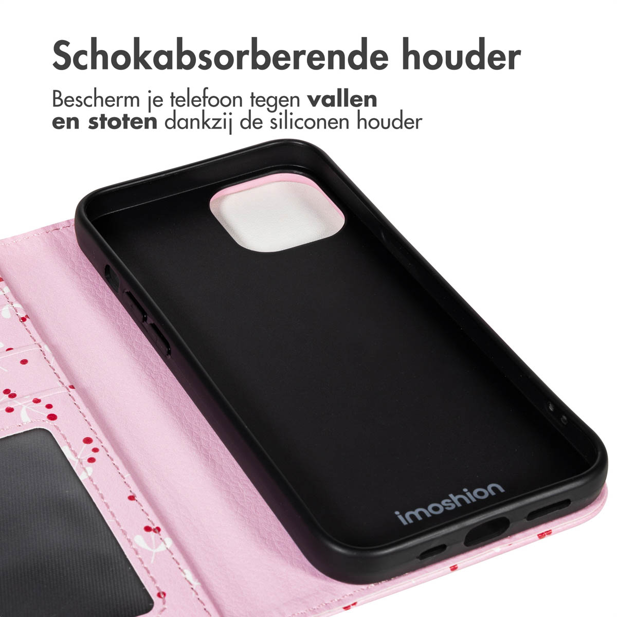Zwarte telefoonhoes met roze bloemenportemonnee. Het is een imoshion-product. De hoes is open en toont het telefoongebied en de portemonnee.