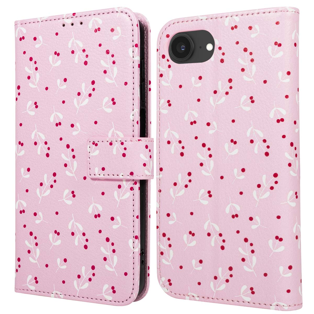 Roze telefoonhoesje met bloemenpatroon. Witte bladeren en rode bessen sieren het oppervlak. De hoes is open en onthult de camera van de telefoon.